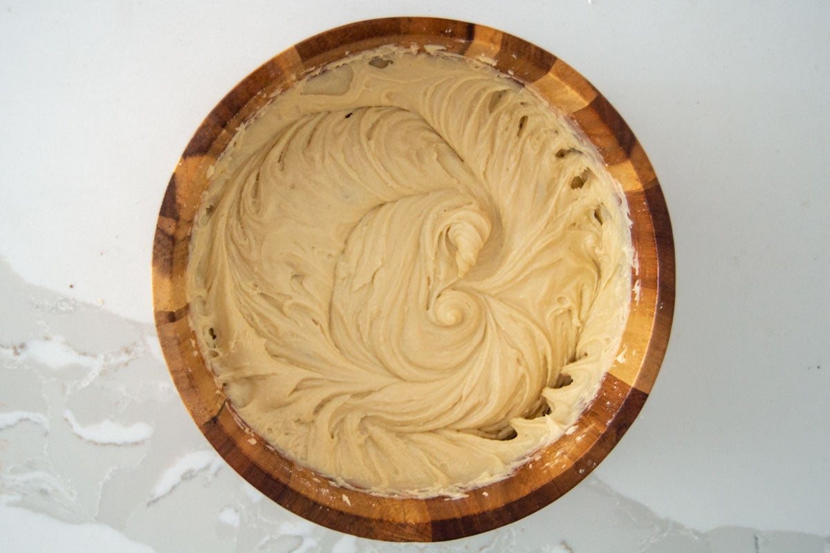 Think, heavy, smooth batter in bowl