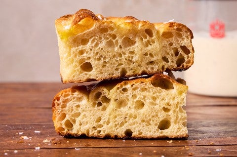 Two slices of sourdough focaccia stacked on top of eachother - select to zoom