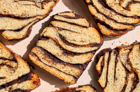 Sliced Chocolate Sourdough Babka on a counter. - select to zoom