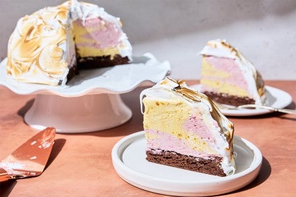 A slice of Baked Alaska on a plate