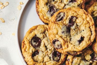 Chocolate Chip Oatmeal Cookies on a plate seen from above